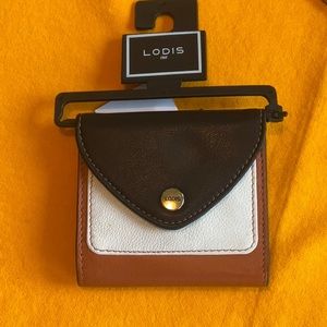LODIS Stacey Trifold RFID Geniune Leather Wallet in Black/Cream/Chestnut, NWT